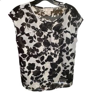 LOFT White And Black Boxy Cap Sleeve Blouse Petites